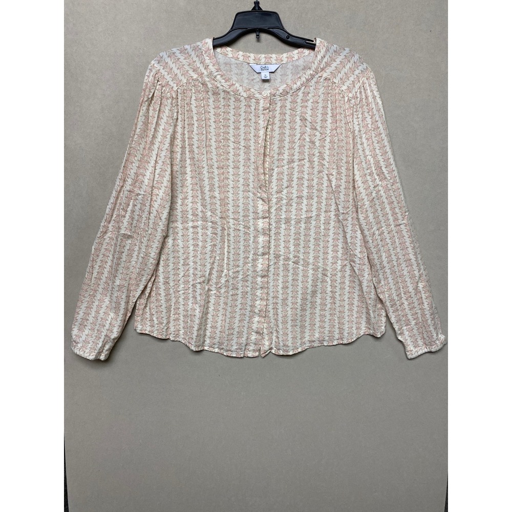 Croft & Barrow Womens XL Pink Floral Stripe Button Front Long Sleeve Blouse Top